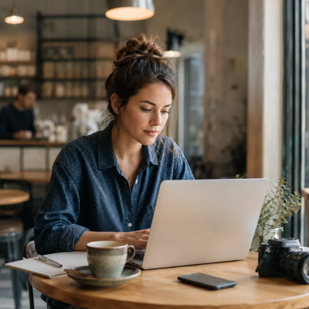 Freelancer working on a laptop in a cafe