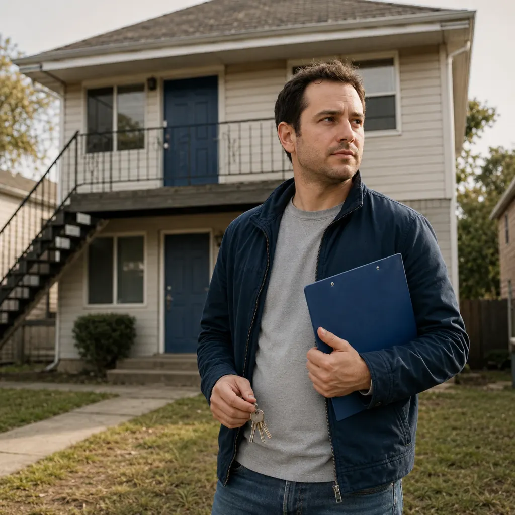 Real-estate investor outside a rental duplex