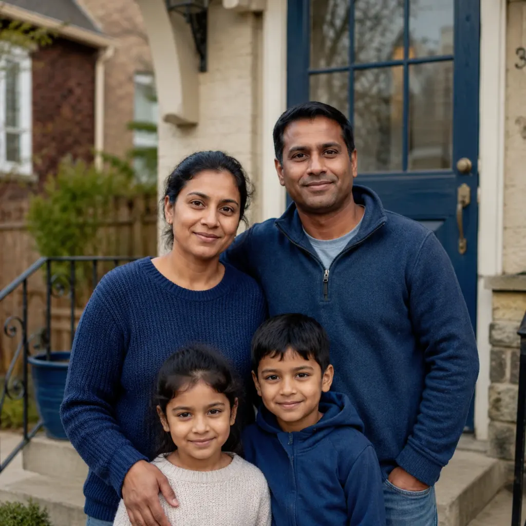 Newcomer family in front of their first home