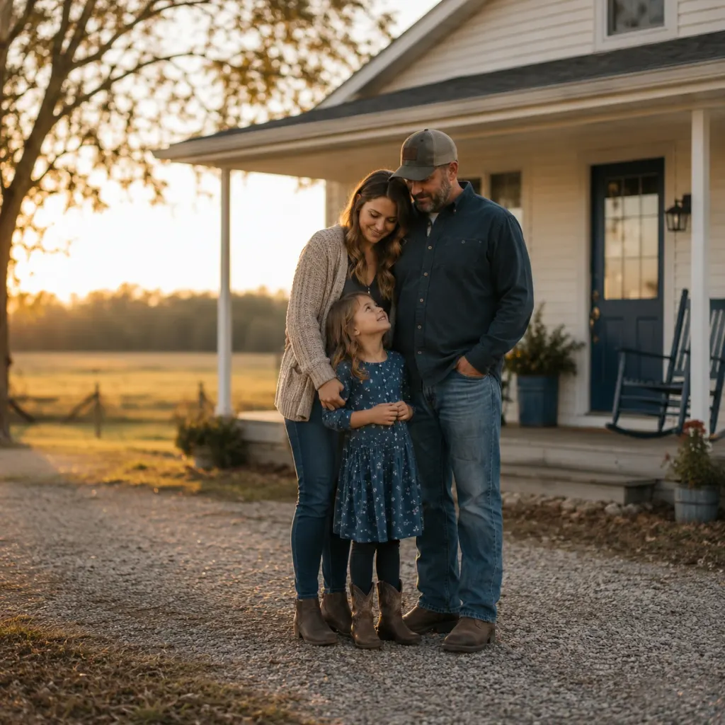 Family outside a rural home at golden hour